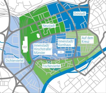 Nach dem Start des Glasfaserausbaus 2019 im Industriegebiet Donautal wird die Ulmer Innenstadt in sieben Etappen mit dem Highspeed-Netz ausgestattet. (Grafik: SWU/Projektagentur)