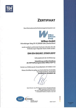 Urkunde für ISO 27001-Zertifizierung des ERP-Systems P/5 von Wilken